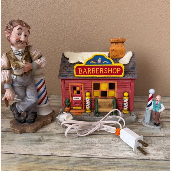 Lefton Other - 1988 Lefton Colonial Village Barbershop 06501 Lighted Bldg w/Cord + 2 Figurines
